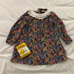 EUC Baby Boden Cord Dress and Tight Set Starboard Blue Floral, 12-18 months